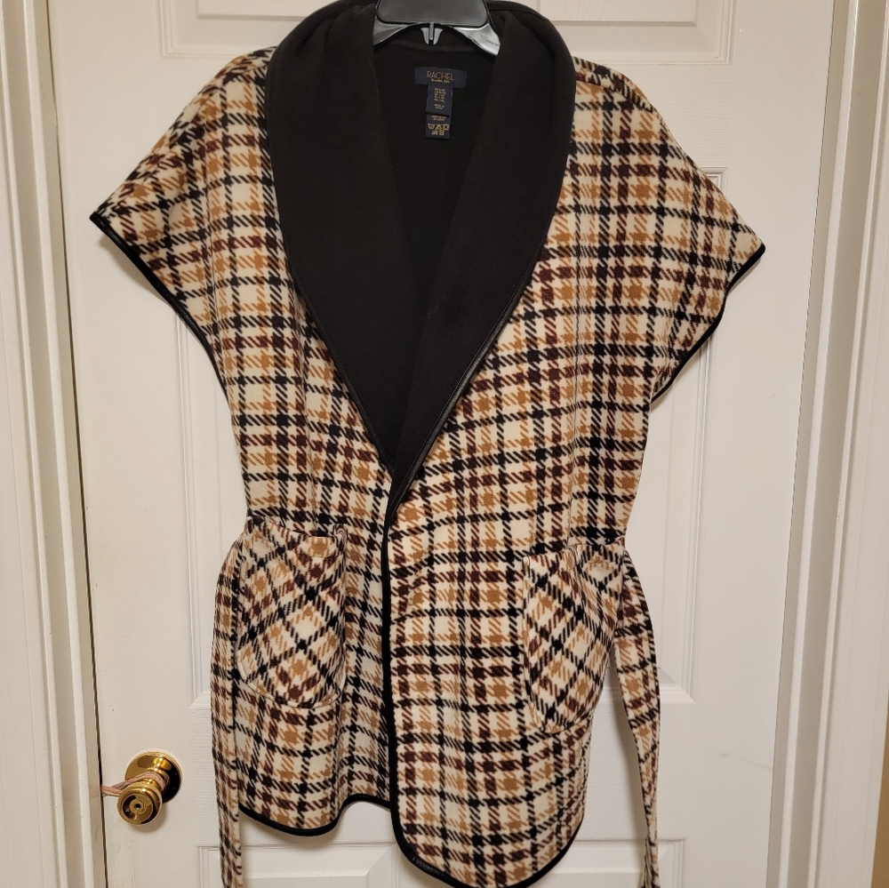 RACHEL Rachel Roy Black and Tan Plaid Shawl-Collar Vest